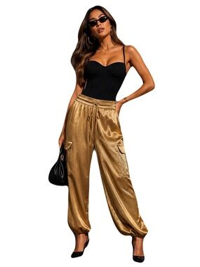 Rachel Zoe Metallic Gold Satin Cargo Jogger Pants Size S